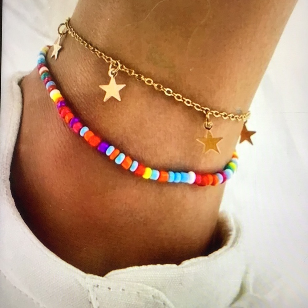 NEW! Rainbow And Gold Tone Star Ankle Bracelets Set!